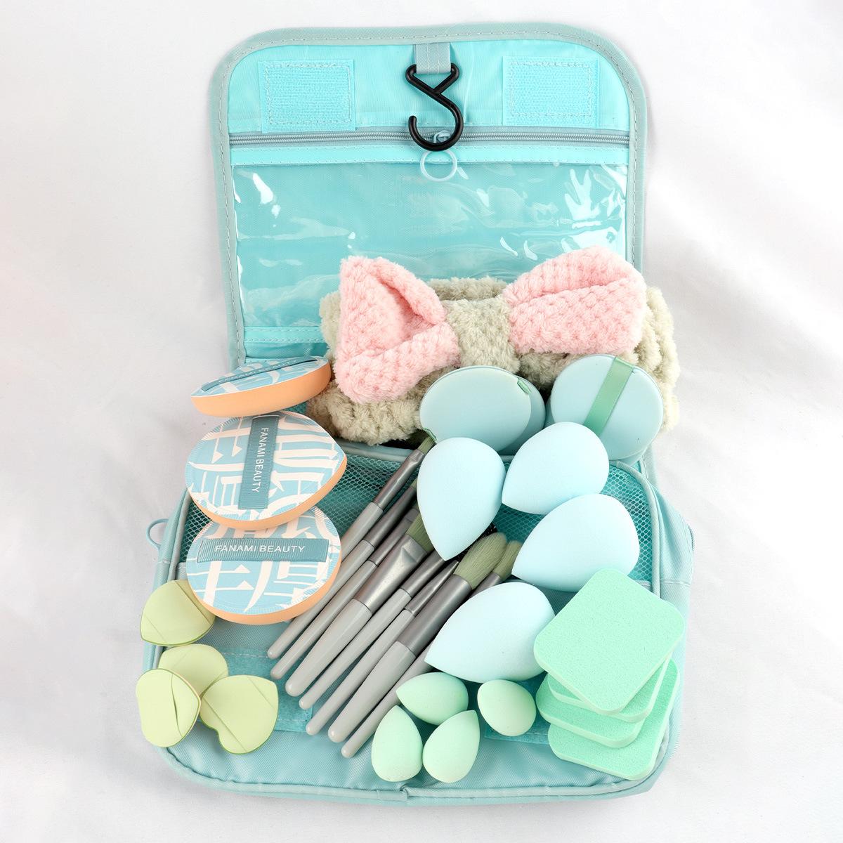 33PCS All-in-One Beauty Tool Kit, Makeup Brushes + Powder Puffs + Beauty Sponges + Headband + Travel Makeup Bag, Complete Pre & Post Makeup Set, Portable Cosmetic Kit for Beginners & Travel