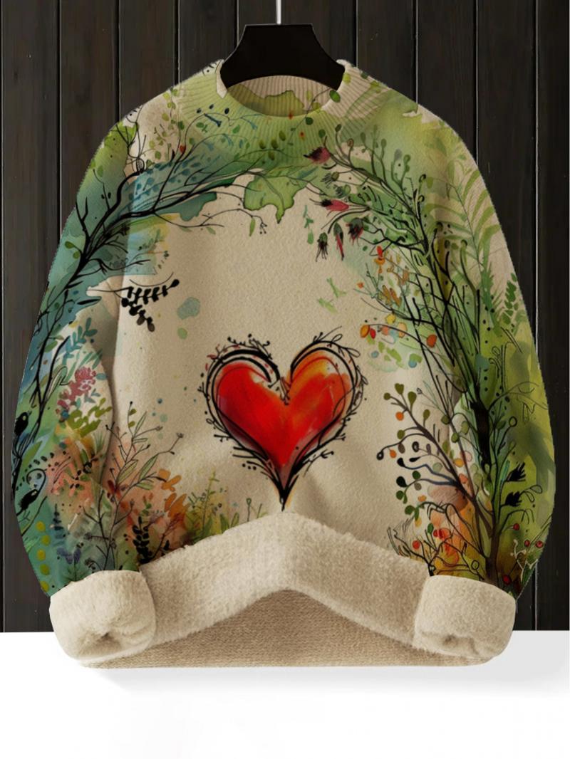 Women's Heart Print Stand Collar Sweater, Fall Winter Casual Long Sleeve Knitwear, Comfortable Warm Daily Wear, Elegant Design