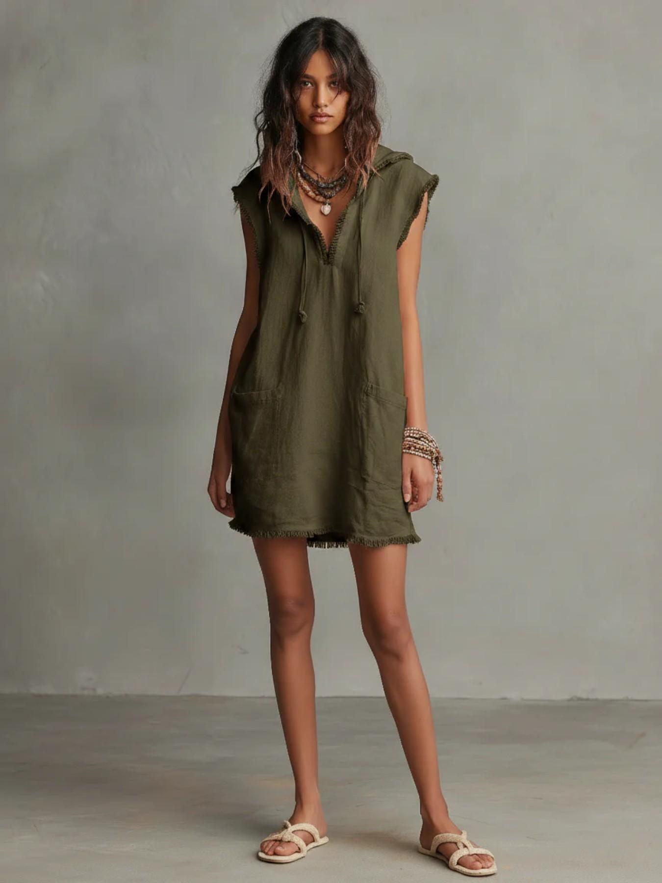 Minimalist Lightweight Linen Blend Sleeveless Dress with Hat, Summer V-Neck Frayed Edge Short Mini Dress, Women's Vacation