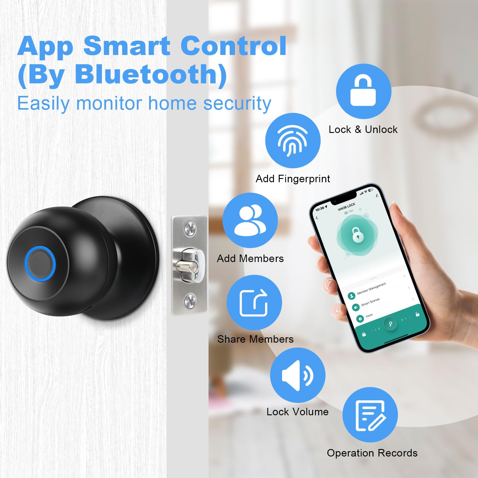Valentine's Day Gift EuerTE Smart Lock Fingerprint Door Knob with App Control Key Type-C Port Emergency Charging Biometric Lock for Front Door Home Apartment Office FathersDayGift