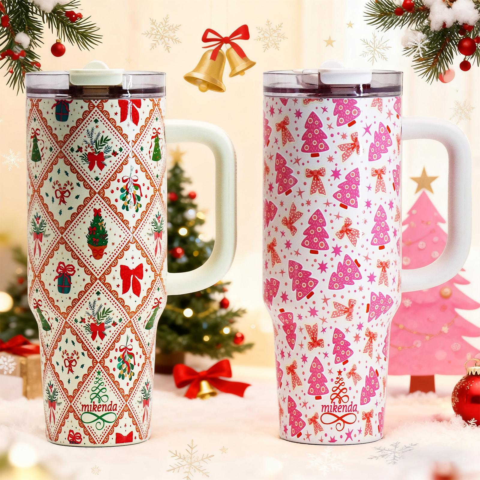 1 Pc 40oz insulated thermal mug with handle, double wall leak-proof vacuum cup, pink Christmas tree and bow pattern, festive cute holiday design, keeps hot 12 h/cold 24 h, large capacity tumbler for hot cold drinks, Thermos Cup, Thermal Flask
