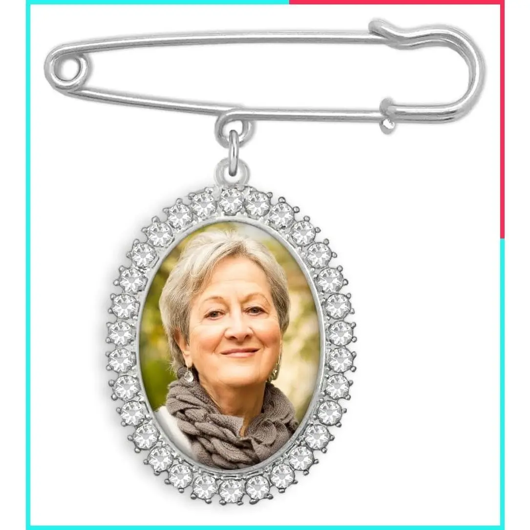 Rhinestone Photo Charm Pin Brooch for Wedding Bouquet & Boutonniere, Memorial Keepsake Gift for Mother of Bride or Groom - Add Your Own Photo Included