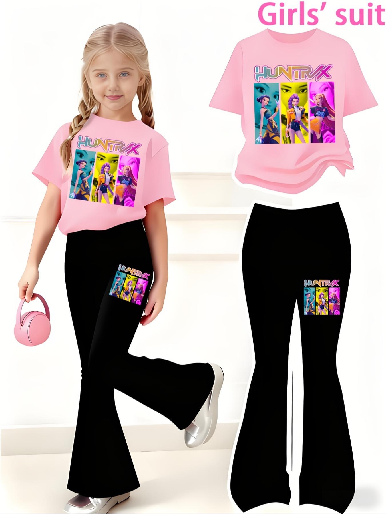 Halloween Christmas Costume Set, Witch Pattern Print 2-Piece Girls Casual Sports Short Sleeve & Bell Bottoms, Youth Trendy Sportswear, Power Girl Outfit