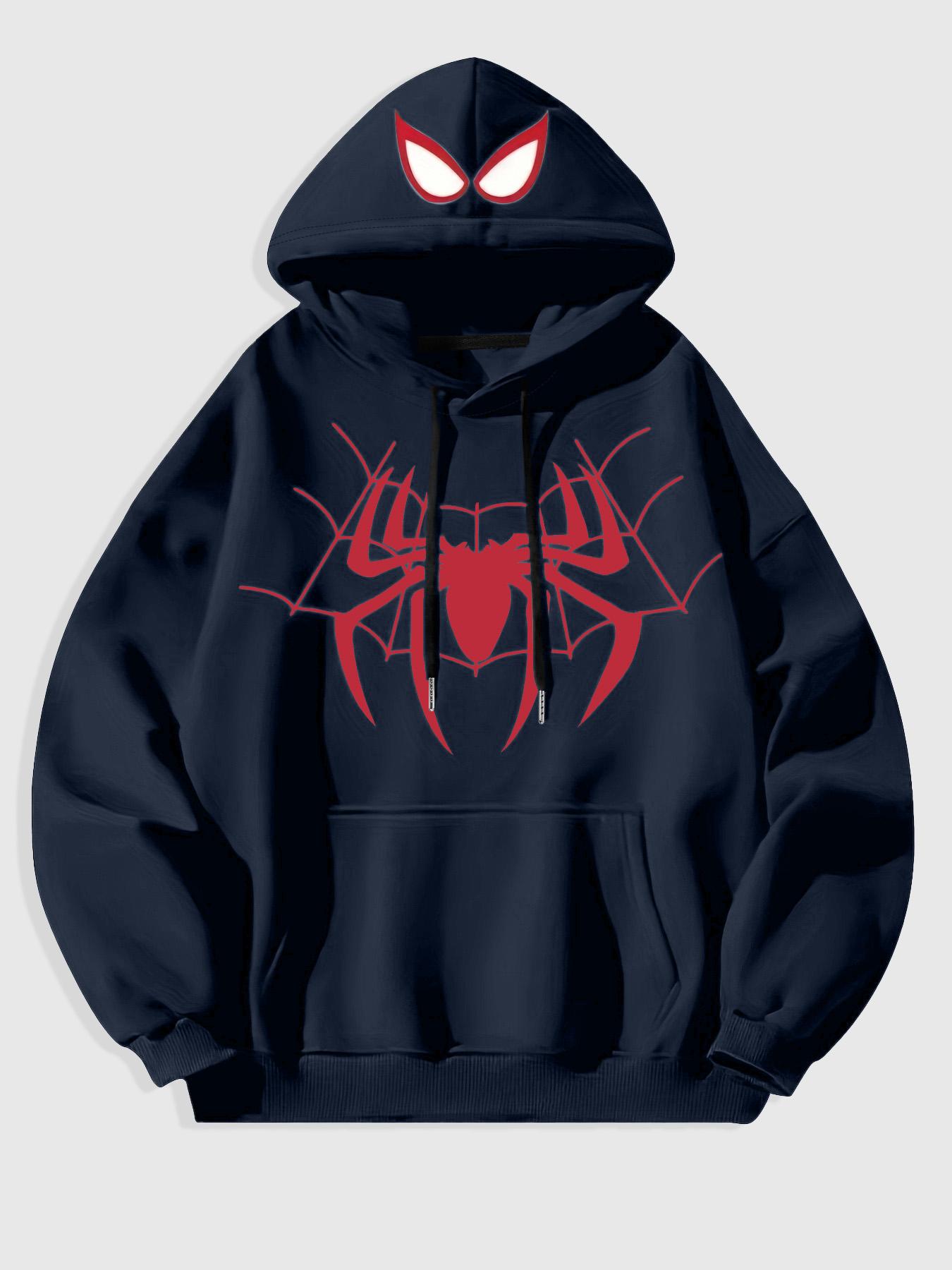Men's Black Spider-Man Graphic Hoodie with 3D Red Spider Logo and Web Design, Soft Fleece Pullover for Superhero Fans and Casual Streetwear