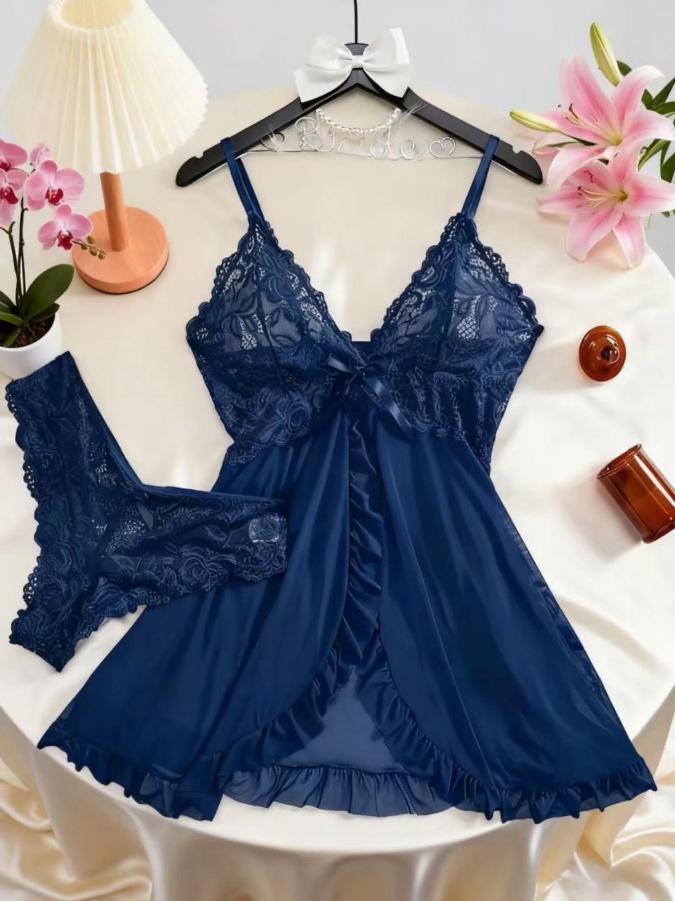 1 Count Ladies' Sexy Ruffle Trim Cami Nightdress & Bow Decor Panty Sets, Comfortable Playful Floral LaceSee Through Sleepwear Set, Sexy Slim-fit Spaghetti Strap Dress& Thong Set, Comfy Pj Set, Suitable For Holiday&Valentine's Day