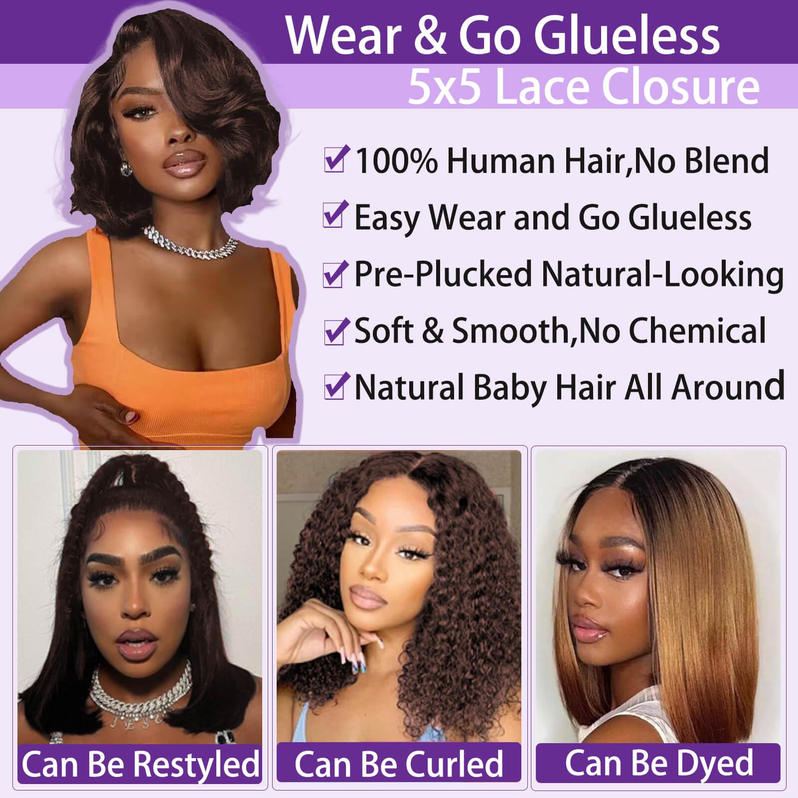 Glueless Staight Short Bob Wig 5x5 Pre Plucked Hairline Pre-Cut  Lace Wig 180% Density HD Transparent Lace Closure Wigs Human Hair for Black Women Short Straight Bob Wigs No Glue Lace Closure Wigs Beginner Friendly Gift for Girlfriend/Wife/FamilySpringtok