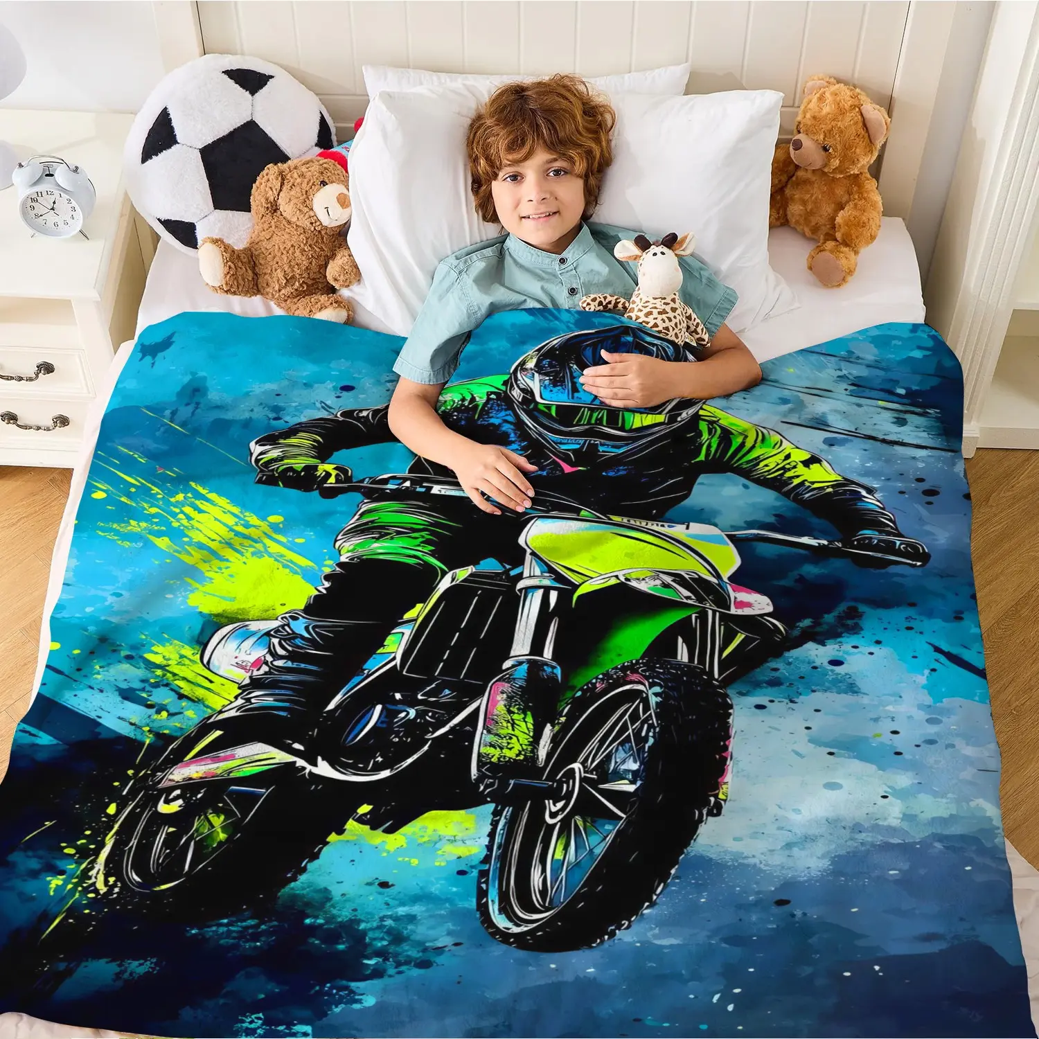 Motocross Dirt Bike Flannel Blanket, Graffiti Splash‑Paint Style Motorcycle Rider Print Cozy Throw Blanket For Bedroom Dorm RV Guest Room Studio, Soft Warm Decor Plush Blanket