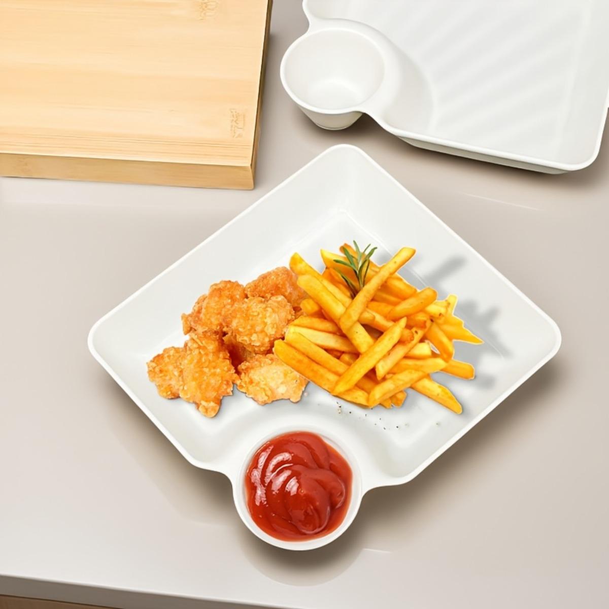4PCS Multi-Purpose Divided Serving Plate Set, Plastic Snack Trays with Separate Dip Sauce Section, Perfect for Appetizers, Fried Chicken, Fries, Sushi, Dumplings and Desserts, Crack-Resistant, Microwave and Dishwasher Safe, Kitchen Restaurant Dorm