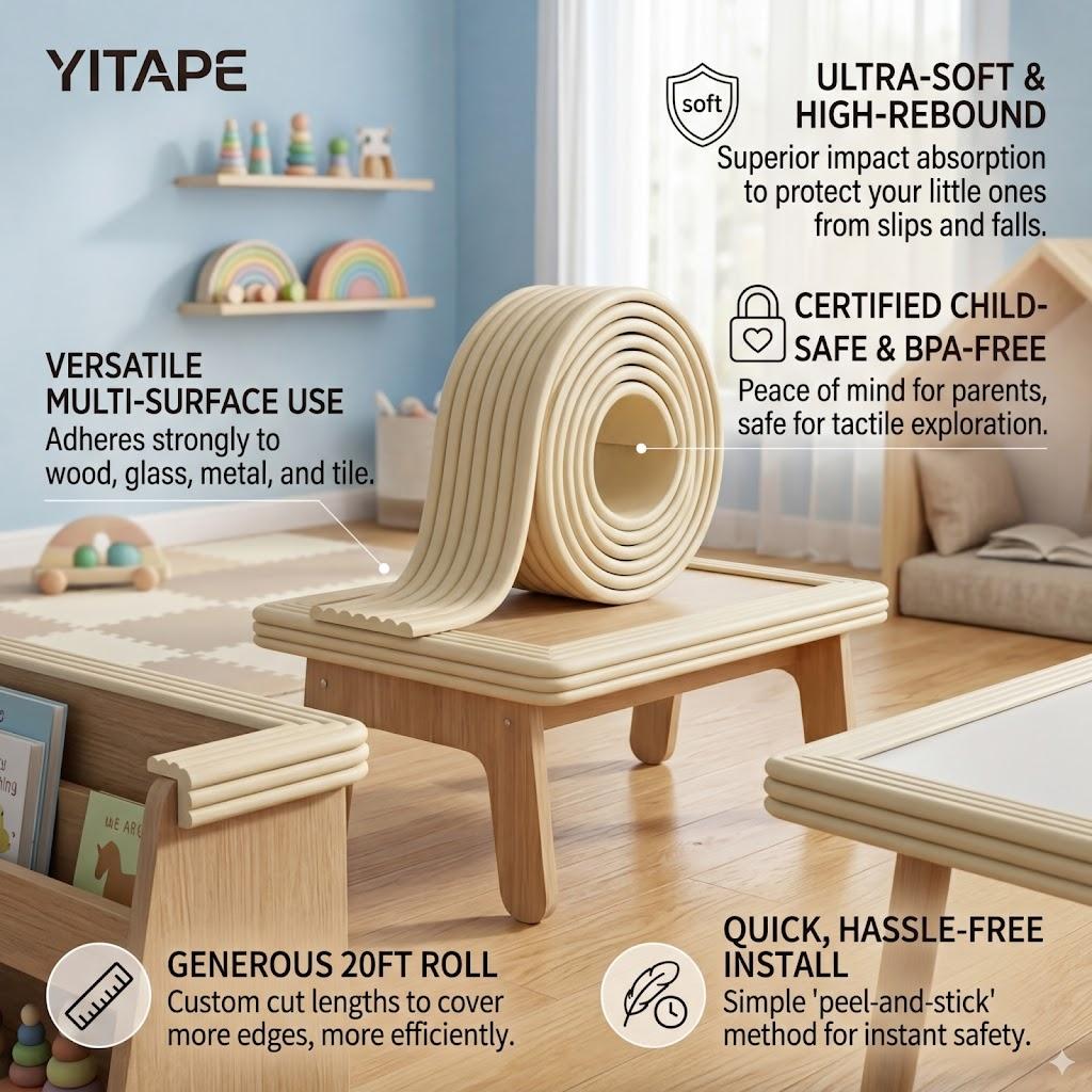 Yitape Universal Furniture Corner Protector Stickers, Soft Self-Adhesive Strip, Easy Install for Table/dresser, Invisible Protection