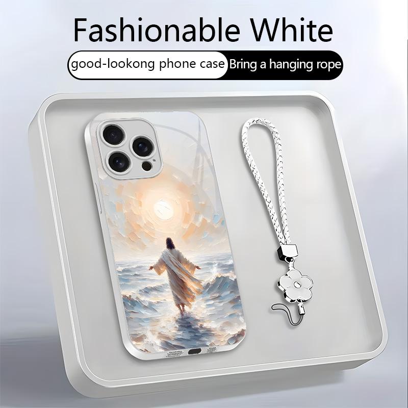 Jesus oil painting phone case, Christian faith art glass cover with lanyard — Mother’s Day gift for iPhone 17/16/15/14/13 Pro Max and Samsung S26/S25 Ultra — 975 — 975