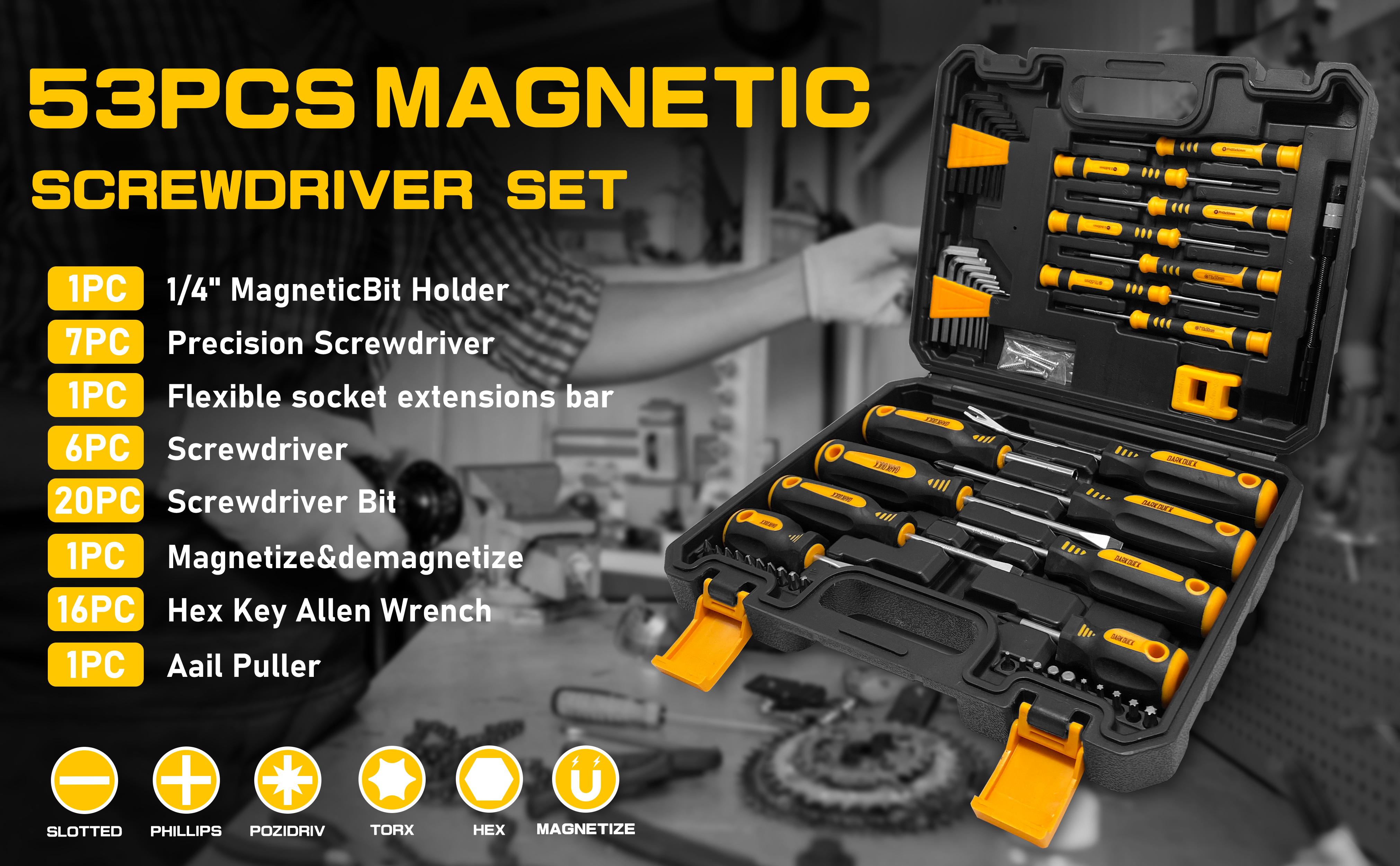 DARK DUCK 53pcs Magnetic Screwdrivers Set With Case, Phillips, Hex, Pozidriv, Torx And Precision Screwdriver Set, Magnetizer Demagnetizer Tools Hardware