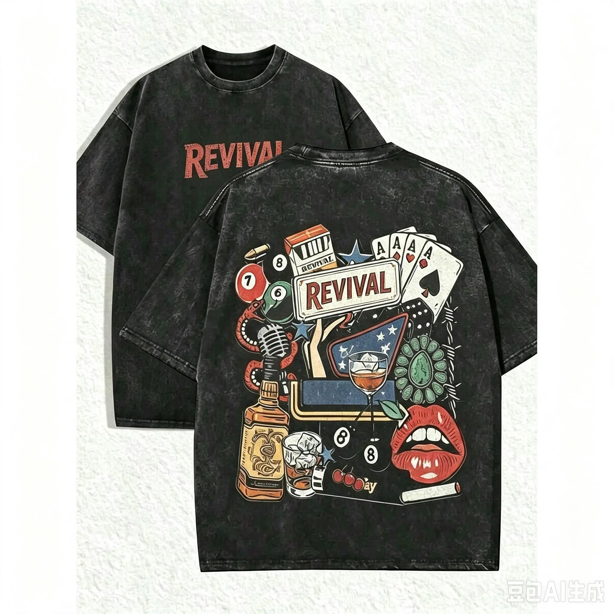 Distressed Vintage Graphic Tee, Men 100% Cotton Crew Neck Short Sleeve T‑Shirt, Retro Music Collage Print Casual Daily Gift Tee
