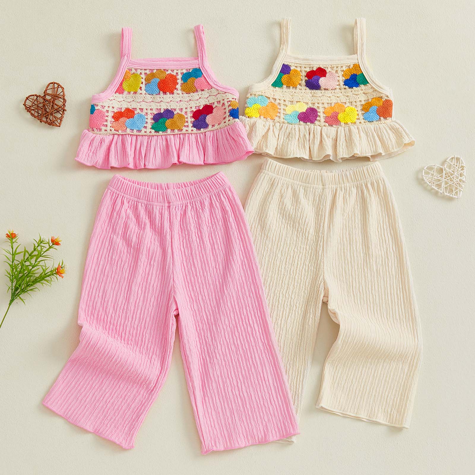 Toddler Girls Two Piece Outfits Crocheted Flowers Fruit Ruffled Camisole Tops Elastic Waist Long Pants Baby Children Summer Clothes #Summervibes