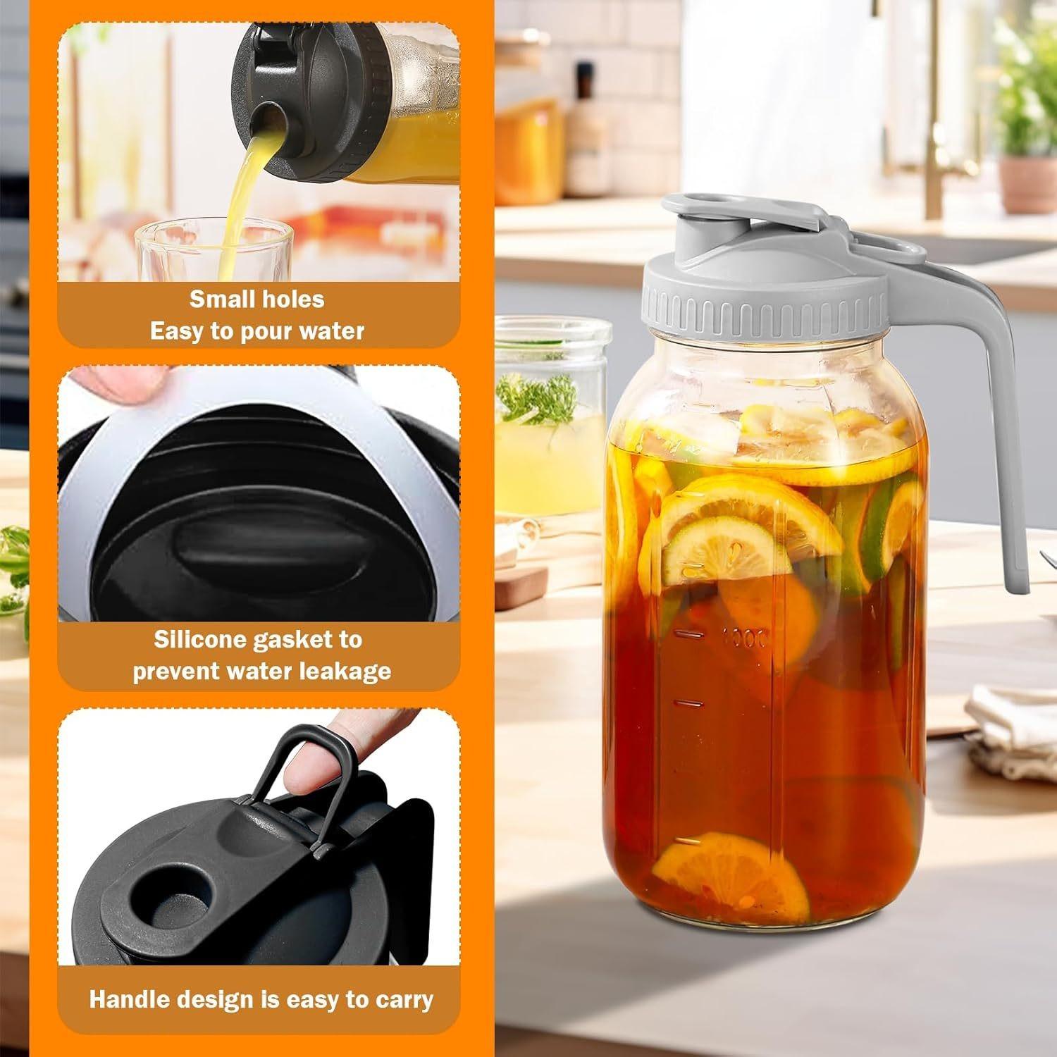 Bestseller 3PCS 64oz Glass Water Pitcher with Flip Top Lid and Handle Leakproof Wide Mouth Mason Jar Style Beverage Container with Scale for Cold Water Ice Water Cold Brew Iced Coffee Tea Juice Milk Homemade Drinks for Home Kitchen Fridge Office Picnic