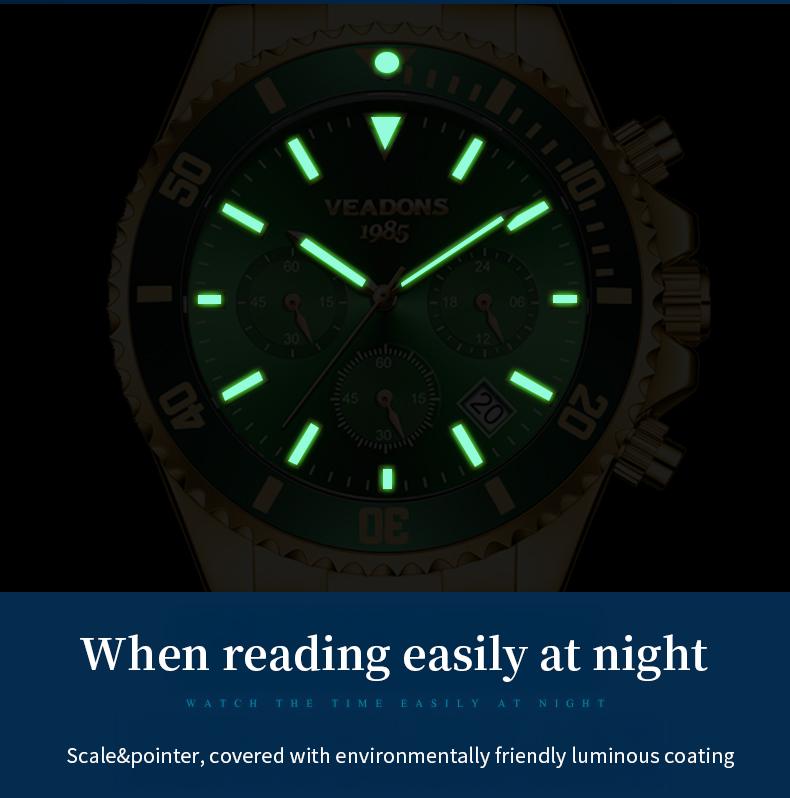 【TikTokShopStockUp】Veadons Men's Luxury Dress Watch, Green Dial, 40mm Stainless Steel Strap, Rotating Quartz Analog, Waterproof Luminous Large Dial Boss Wristwatch summer business