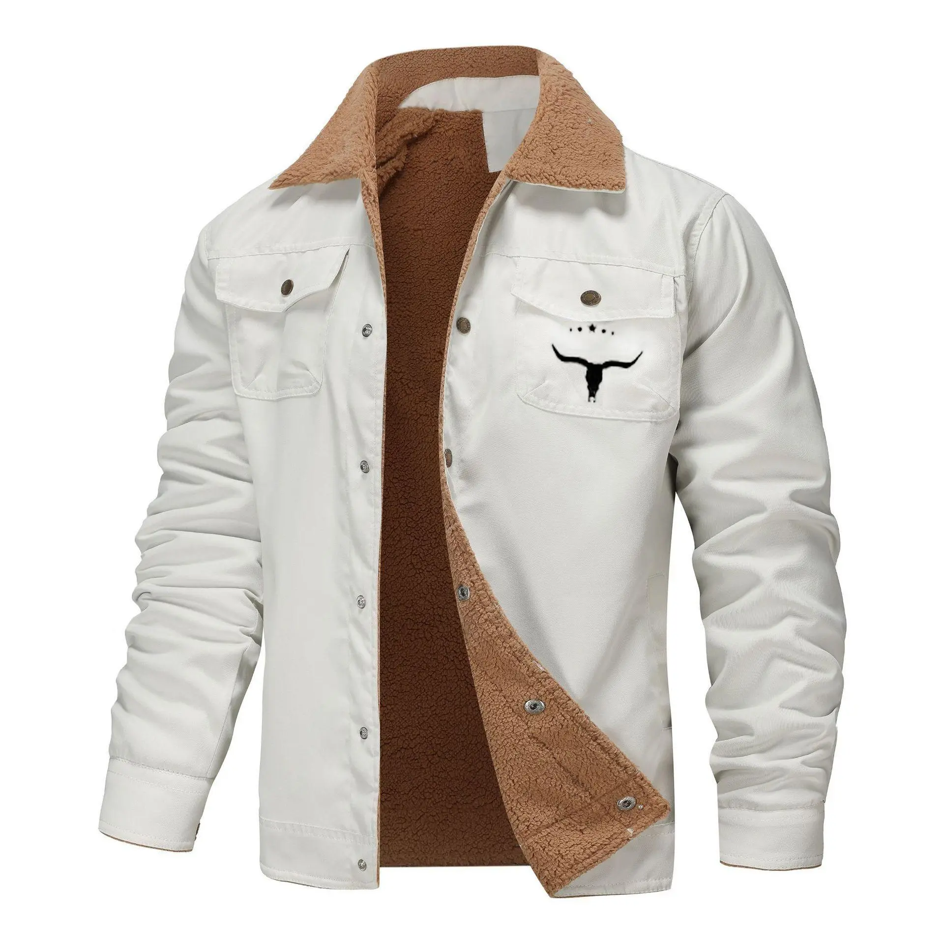 Men's casual heavyweight cotton-polyester jacket with buckle closure, multiple pockets, bull head logo, Solid Color Jackets - solid color autumn and winter coat