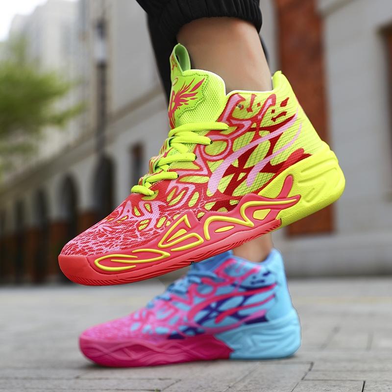 1 Pair Fluorescent Pink Green Graffiti Parent-Child High-Top Basketball Shoes Art Sports Style Breathable Mesh Material Shock Absorption Ankle Protection For Basketball Training And Trendy Daily Outfit