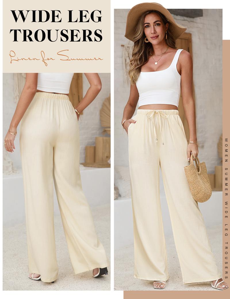 Womens Linen Pants Casual Wide Leg Pants Summer Palazzo Pants Loose Flowy Beach Pants Drawstring Elastic Trousers