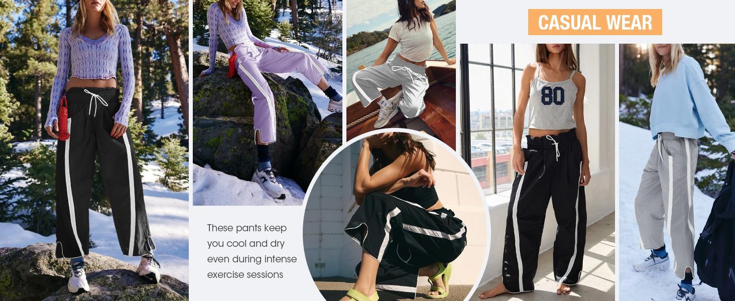 FISOEW Women's Baggy Wide Leg Pants Casual Drawstring Elastic Waisted Contrast Color Workout Y2K Track Pants Crop Top Comfort FallFreshness Lightweight Outdoor outfit cuffed wide leg sweatpants joggers #TikTokShopJumpstartSale Fitted Parachute sweatpants