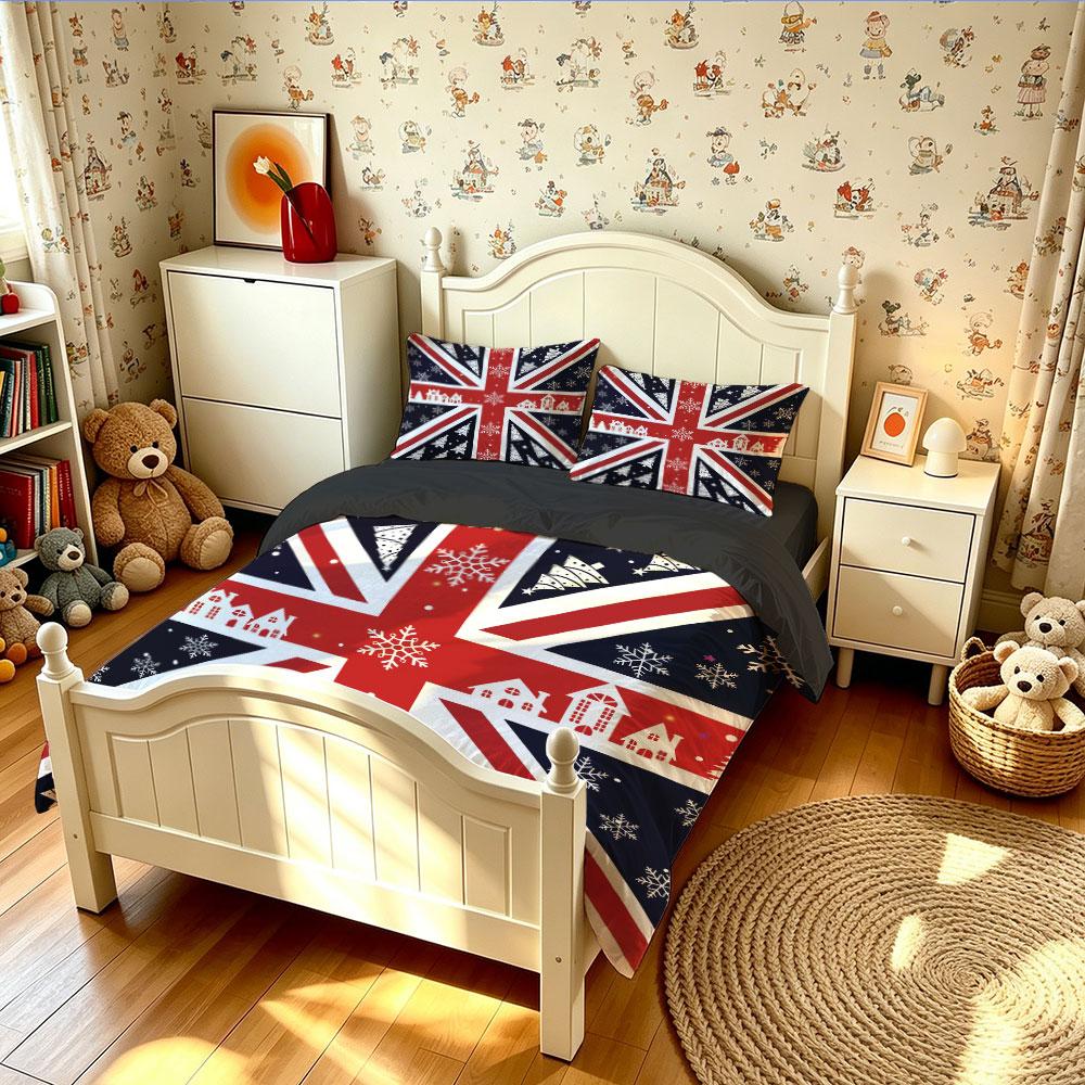 The 3-piece Christmas-themed British flag bedding set includes one bedspread and two pillowcases, without fillings. It's soft and comfortable, suitable for single beds and double beds, and ideal for use in bedrooms, dormitories, and hotels.