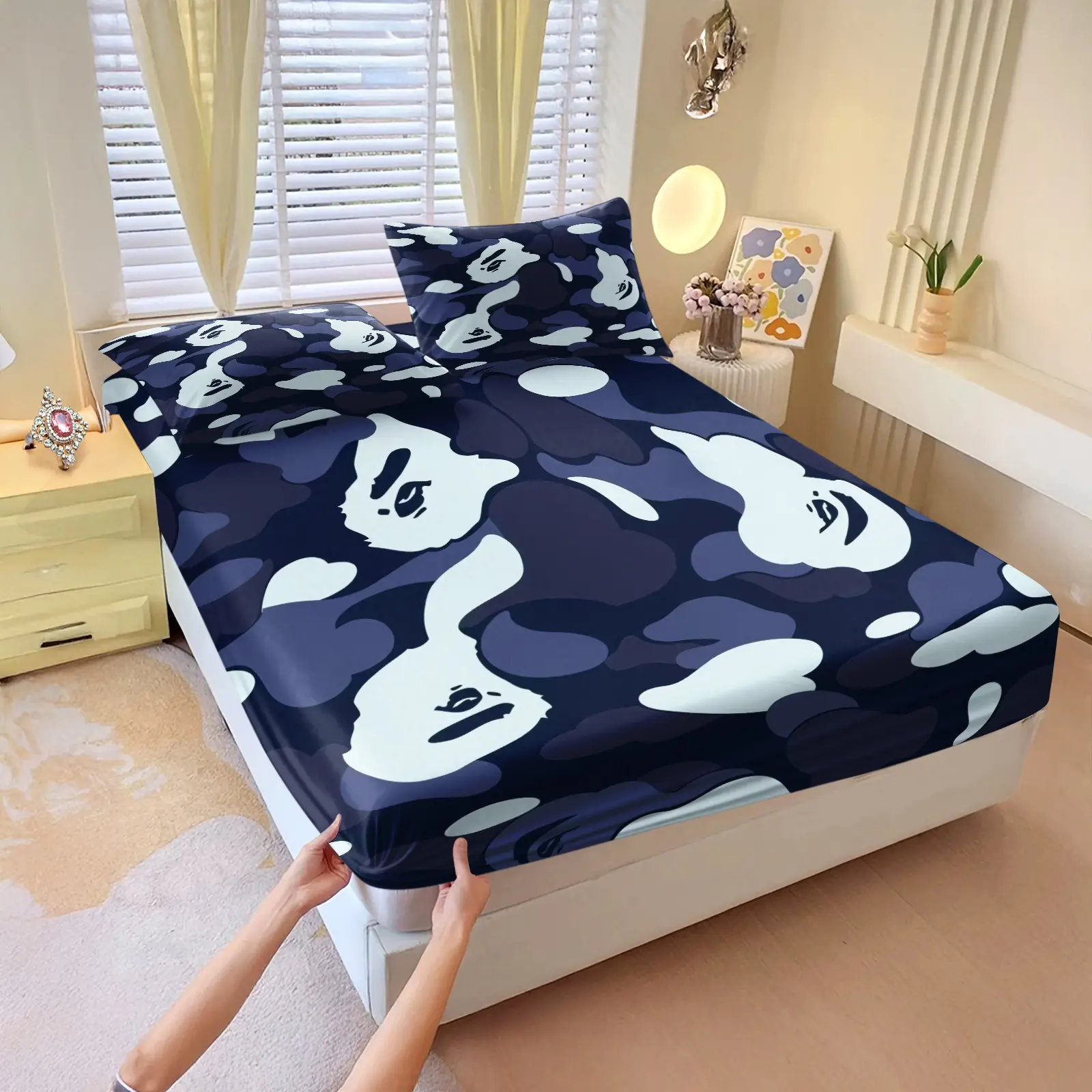 3Pcs Camo Ape Fitted Sheet Set, 1 Fitted Sheet & 2 Pillowcases, Camouflage Print, Soft Breathable Microfiber, 360° All-Round Elastic Deep Pocket, for Teens Boys Bedroom Dorm Modern Hip Hop Bedding Gift