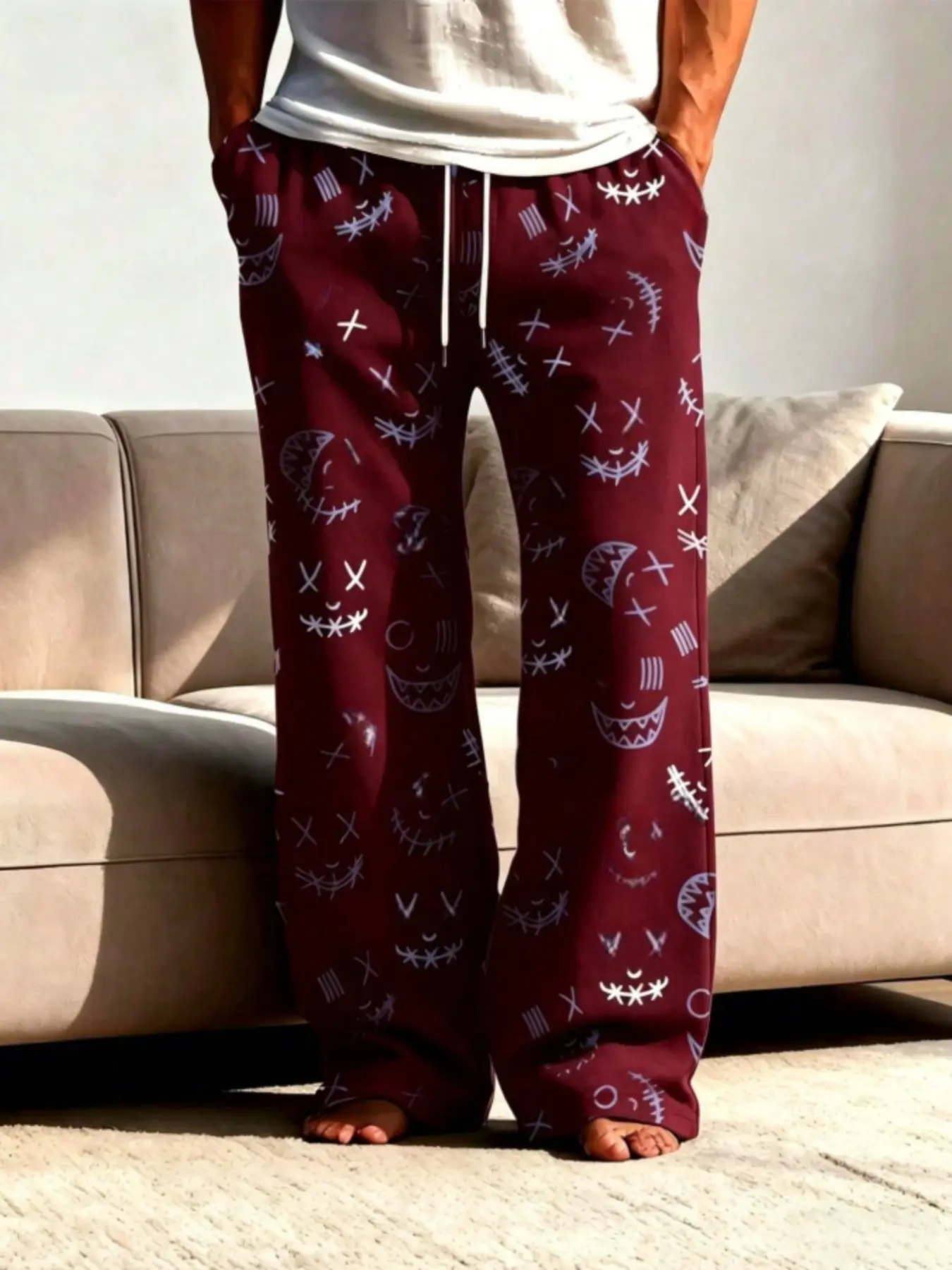 Men's Dark Devil Smile All over Print Drawstring Wide Leg Pants, American Street Style Loose Fit Casual Trousers, Versatile Home Wear Long Pants