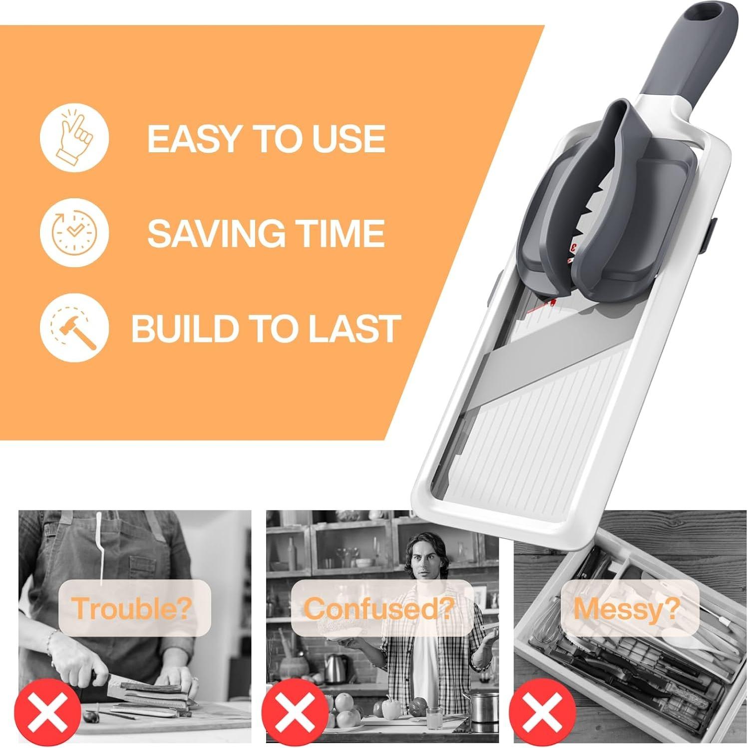 1 Mandolin Slicer, Vegetable Cutting Slicer, Hand-Held Multifunctional Vegetable Slicer with Adjustable Thickness, Food Holder, Suitable for Slicing Fruits and Vegetables, Essential Kitchen Tool