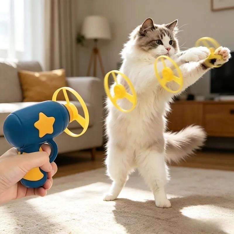9Pcs Cat Fetch Toy Set Launcher Gun, Flying Disc Toy, Cat Track Toy for Cat Training Hunting Chasing Interactive Cat Toys for Bored Indoor, Cute Kitten Kitty Toys, Flying Propellers For Dog and Puppy Toy Pet Supplies, Cat Stuff Outdoorfun, Dog Stuff