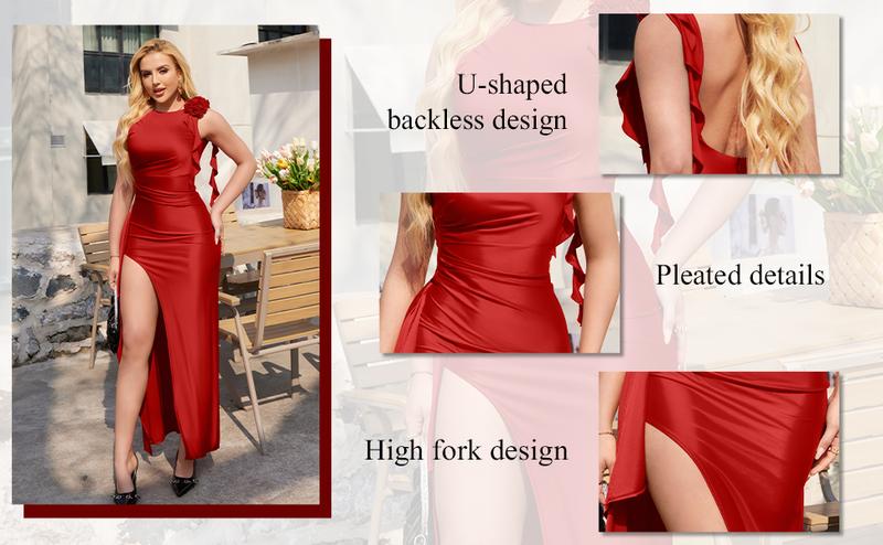 OYV Women's Sleeveless Crew Neck Backless Ruched High Split Party Maxi Dress OYV Women's Sleeveless Crew Neck Backless Ruched High Split Party Maxi Dress