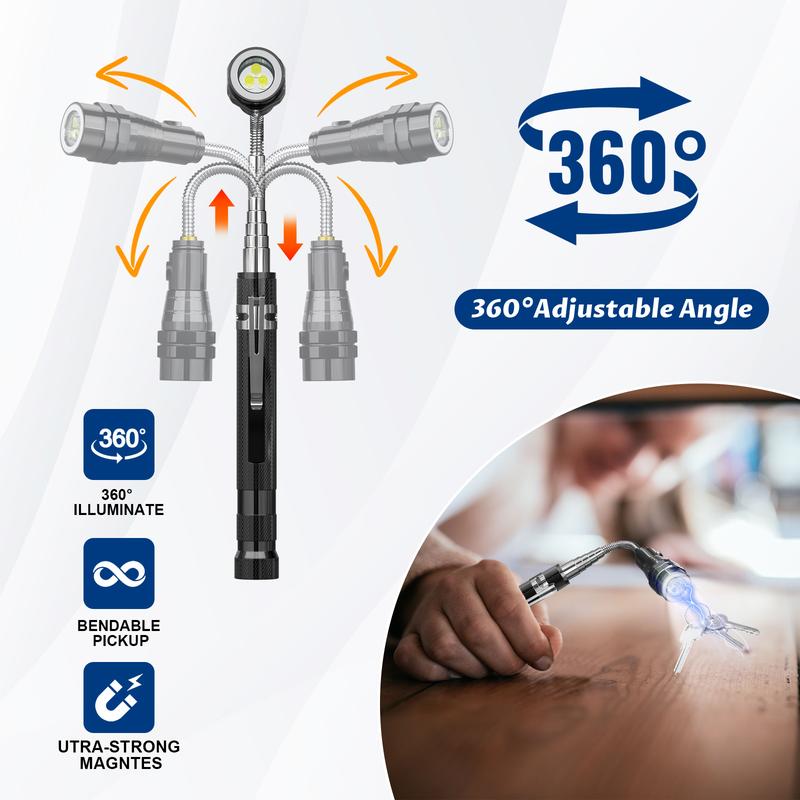 【HolidayHaul】Extendable and Flexible Magnetic Flashlight, Pickup Tool with 3 LED Light, 360° Degree Flexible Neck, Extendable Neck up to 22 Inches, Gift for Engineers, Mechanics, Father