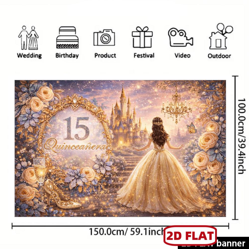 Quinceañza 15th Birthday Backdrop with Golden Number 15, Ornate Floral Castle & Crystal Chandelier - Suitable for Indoor/Outdoor Party Decorations, Photo Background for Quinceañera Celebrations, No Power Required,