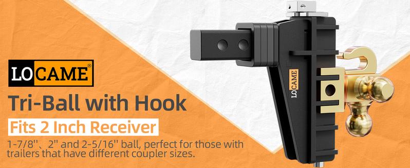 LOCAME Adjustable Trailer Hitch with Hook, Tri-Ball (1-7/8", 2", 2-5/16") Drop Hitch, Fits 2 Inch Receiver, 6" Drop Down Hitch, 17000 LBS Heavy Duty Truck, Solid Ball Mount, Gold,