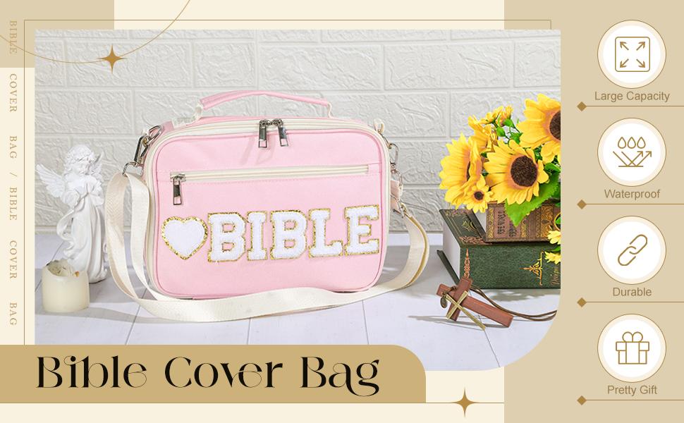 Bible Case for Christian Girl, Cute Bible Case Chenille Letter Bible Cover Case with Shoulder Strap Canvas Tote Carrying Bag Gift for Christian Teenagers Girl Student, Bible Study Supplies, Church Tote Bag, Easter Gift for Christian Daughter