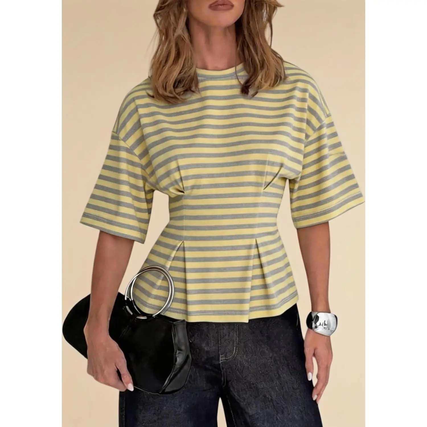 Women's Cinched Waist Peplum Blouse, Half-Sleeve Crew Neck Work Top, Business Casual Office & Going-Out Outfit for Women