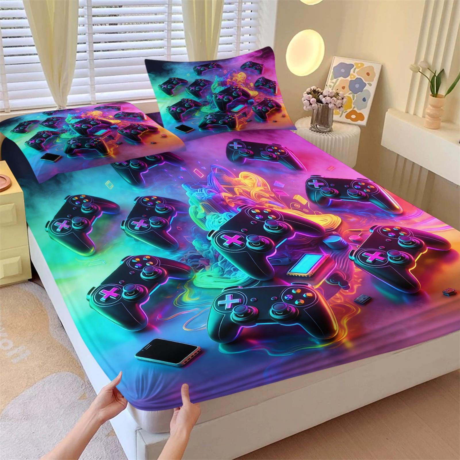 3-Piece Neon Game Controller Bed Set Fitted Sheet Set, Cyberpunk Style, Soft Skin-Friendly Fabric, Ideal for Gaming Rooms, Boys' Dorms, Comfortable & Stylish