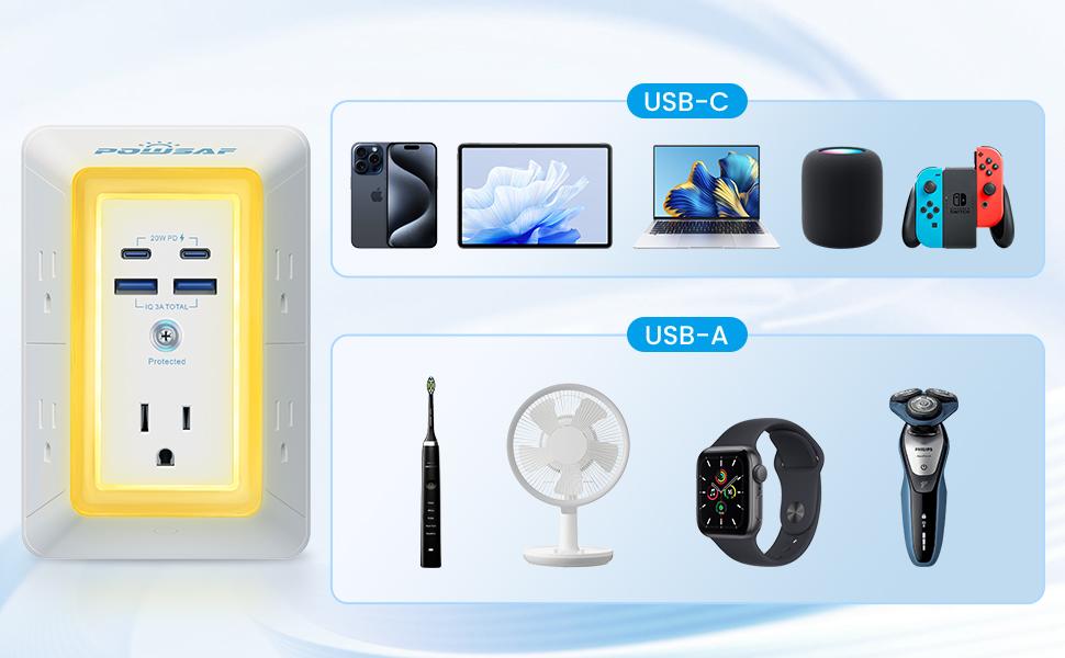 Multi Plug Outlet Surge Protector - POWSAF 5 Outlet Extender with 4 USB Ports(2 USB-C Fast Ports) and Night Light, 3-Sided Power Strip with Adapter Spaced Outlets - ETL Multiple Sockets