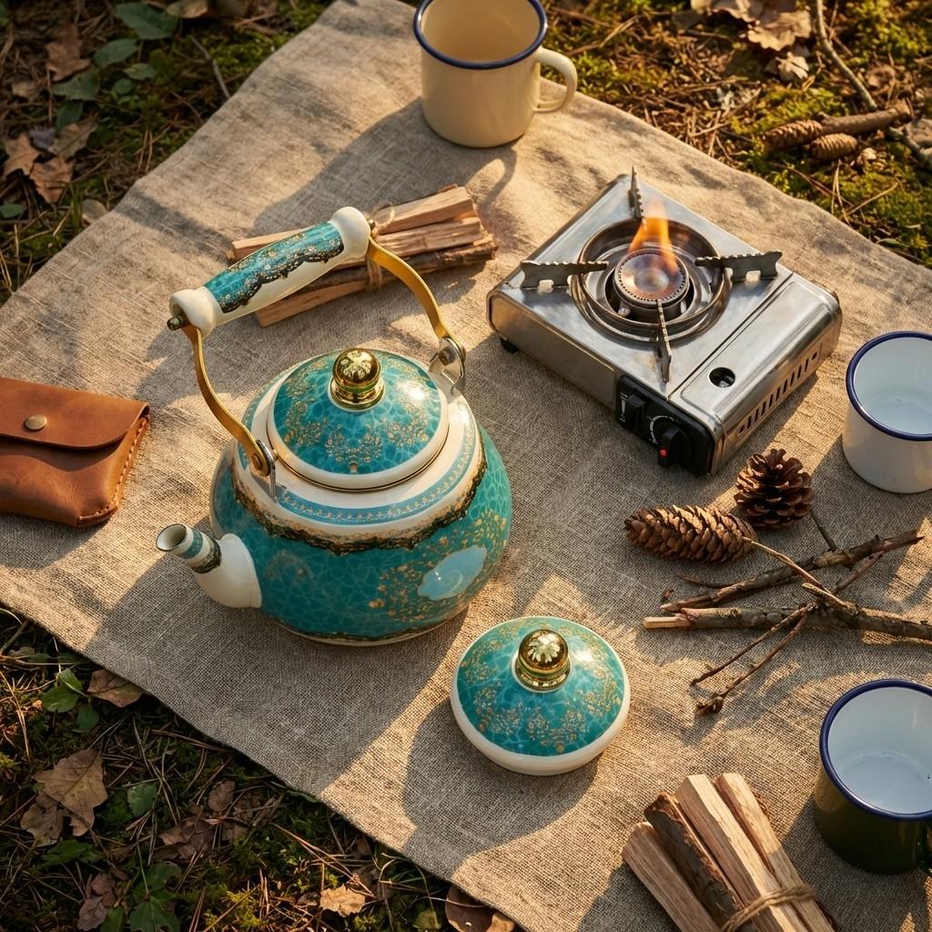 Enamel Tea Kettle with Ceramic Handle, Floral Design, 1.5L-2.5L Capacity, Suitable for Stove & Electric Cooker, Home & Outdoor Use