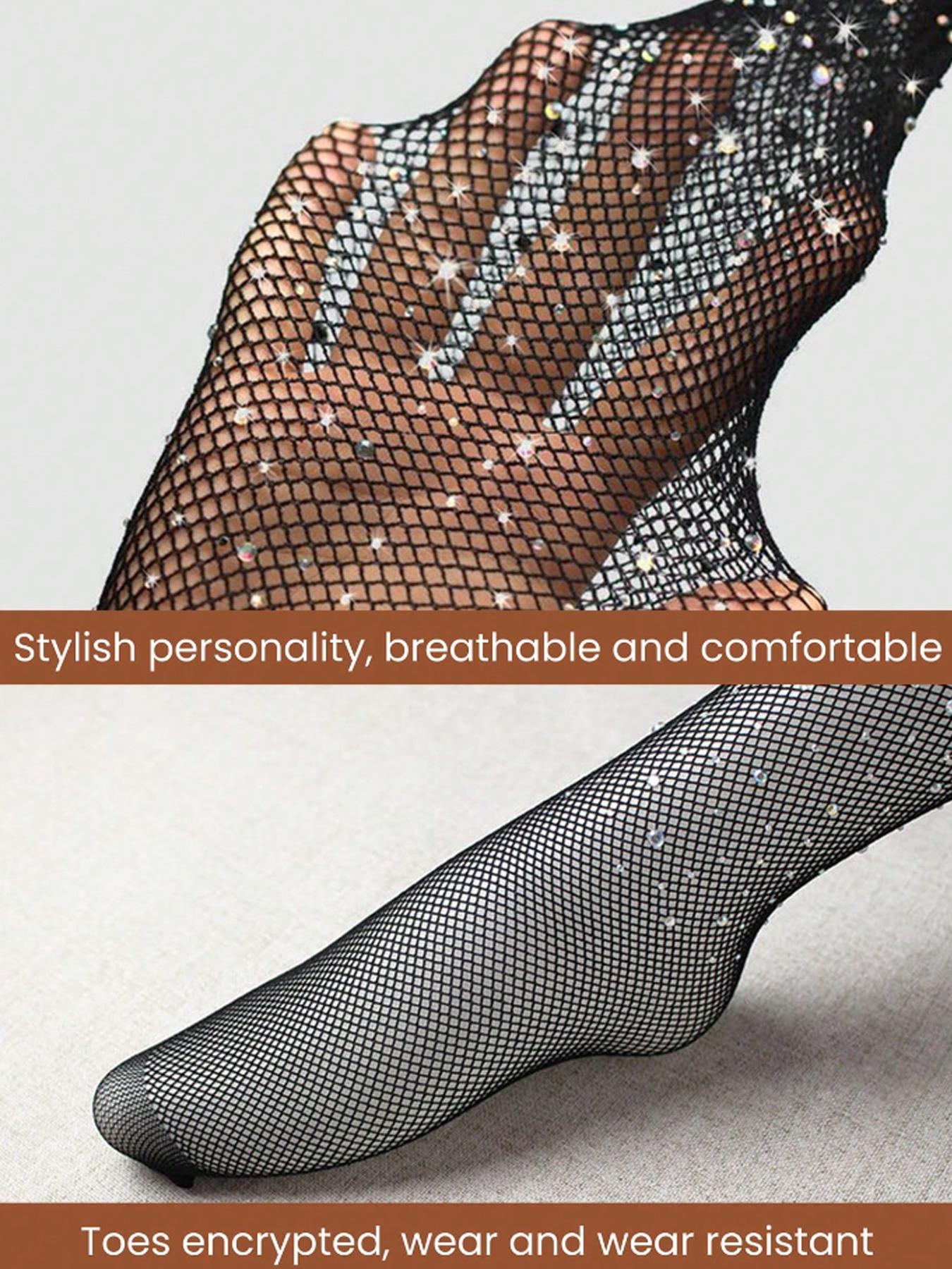 Women's Sexy Sparkling Rhinestone Fishnet Stockings, Fitted Casual Style, All Seasons, Natural Waist, Pack of 2, Underwear Womenswear
