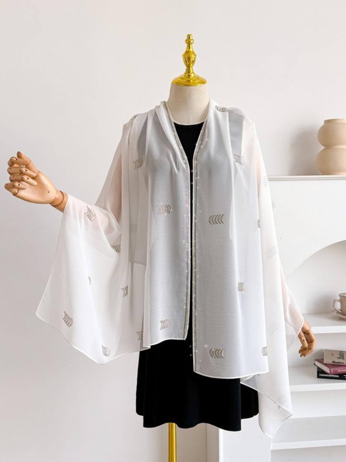 Single Piece Multi-Functional Plain Color New Arcuate Rhinestone Chiffon Long Scarf, Pearl Embellished Sun Protection Shawl, Ethnic Headscarf