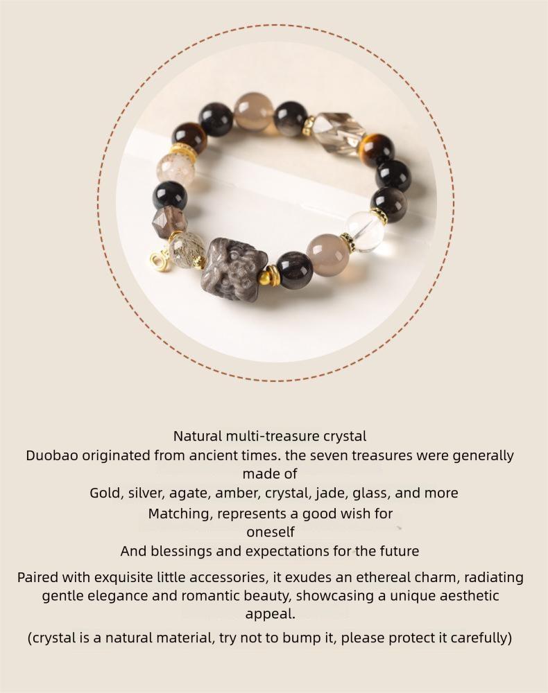 [Wealth Abundance] crystal bracelet, silver obsidian grey agate smoky quartz super seven tiger eye white crystal, unisex, daily wear gift, 10mm beads, natural stone lion ornament gold accents, wealth blessing abundance symbol