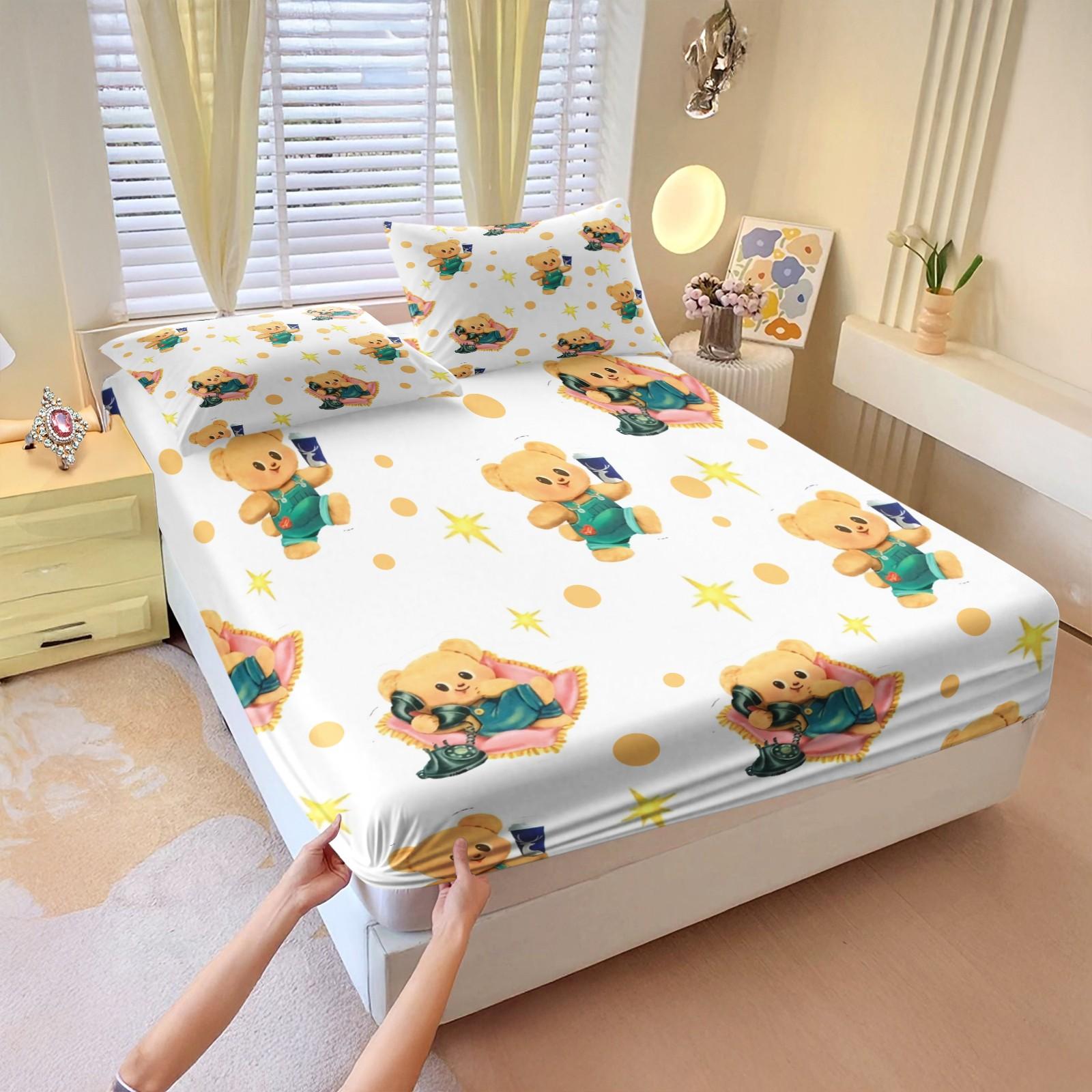 3 Pcs Cute Cartoon Bear Fitted Sheet Set, Kawaii Teddy Bear Microfiber Deep Pocket Kids Bedding, Ideal Gift for Bear Lovers and Children