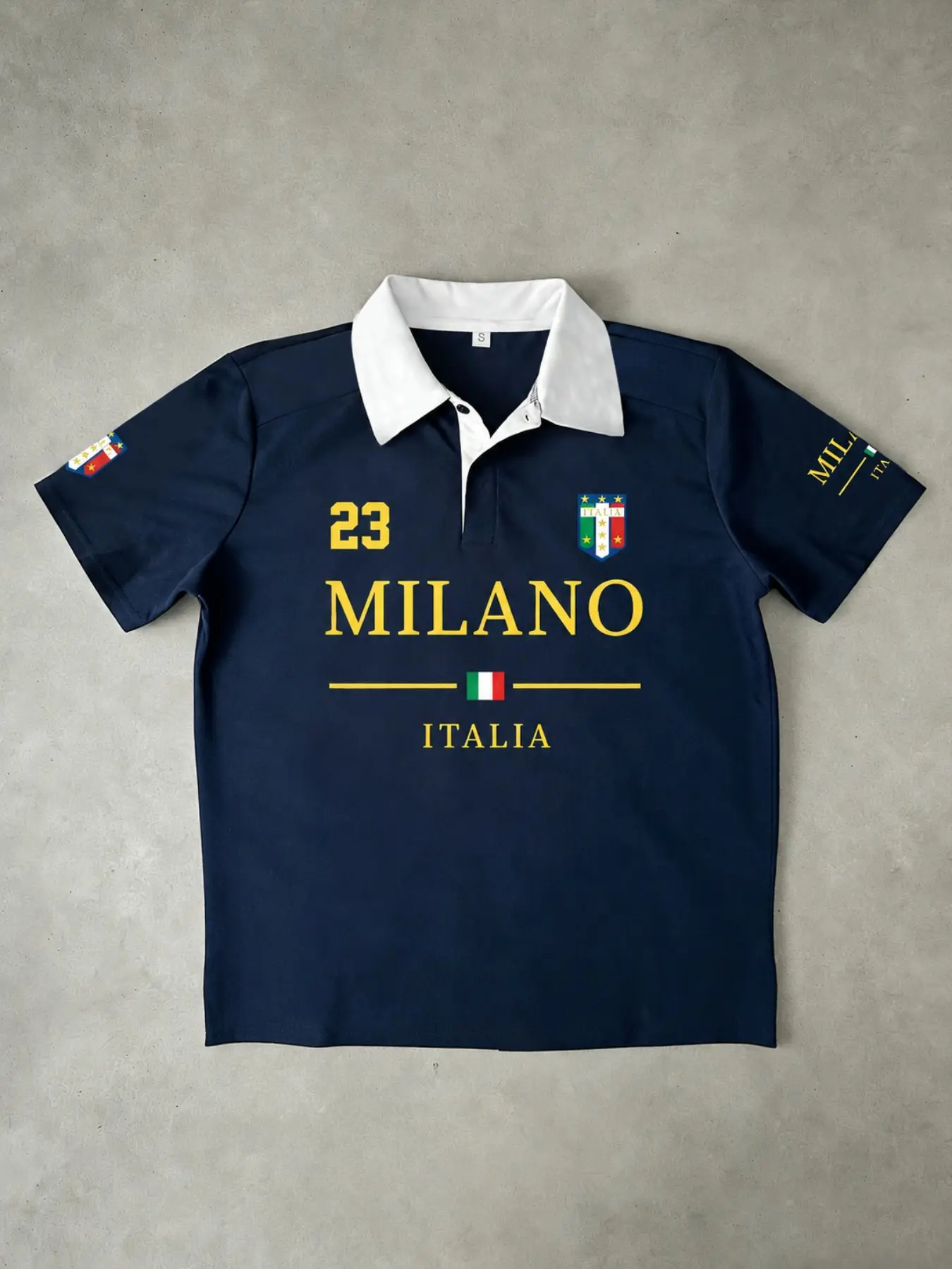 Men's Black Milano Italia Graphic, Printed Polo Shirt, Oversized Short Sleeve with White Contrast Collar, Yellow 23 Number, Flag and Crest Prints, Retro Y2K College Streetwear for Summer, and Casual Styling
