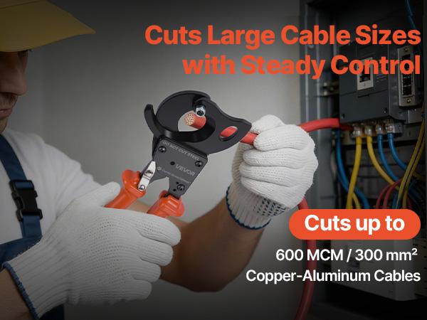 VEVOR Ratcheting Cable Cutter, Spring Steel Blades with PVC-Coated Handles, Quick-Release Button, Heavy Duty Ratchet Cable Wire Cutter for Cutting Copper Aluminum Cables Up to 600 MCM/ 300 mm