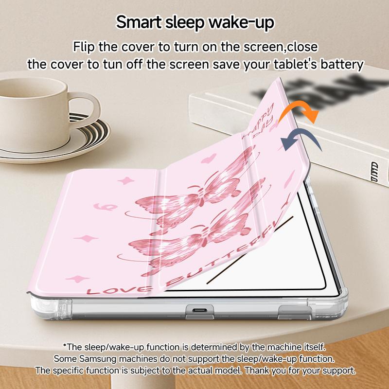 Pink Base Butterfly Tri-Fold iPad Case, double-sided print, built-in pencil slot, adjustable kickstand, auto sleep/wake function, Compatible with iPad 10th/11th Gen, iPad A16, iPad Air 11"/13", iPad Pro 11", iPad 2025 and Galaxy Tab S9 FE+ 12.4''series