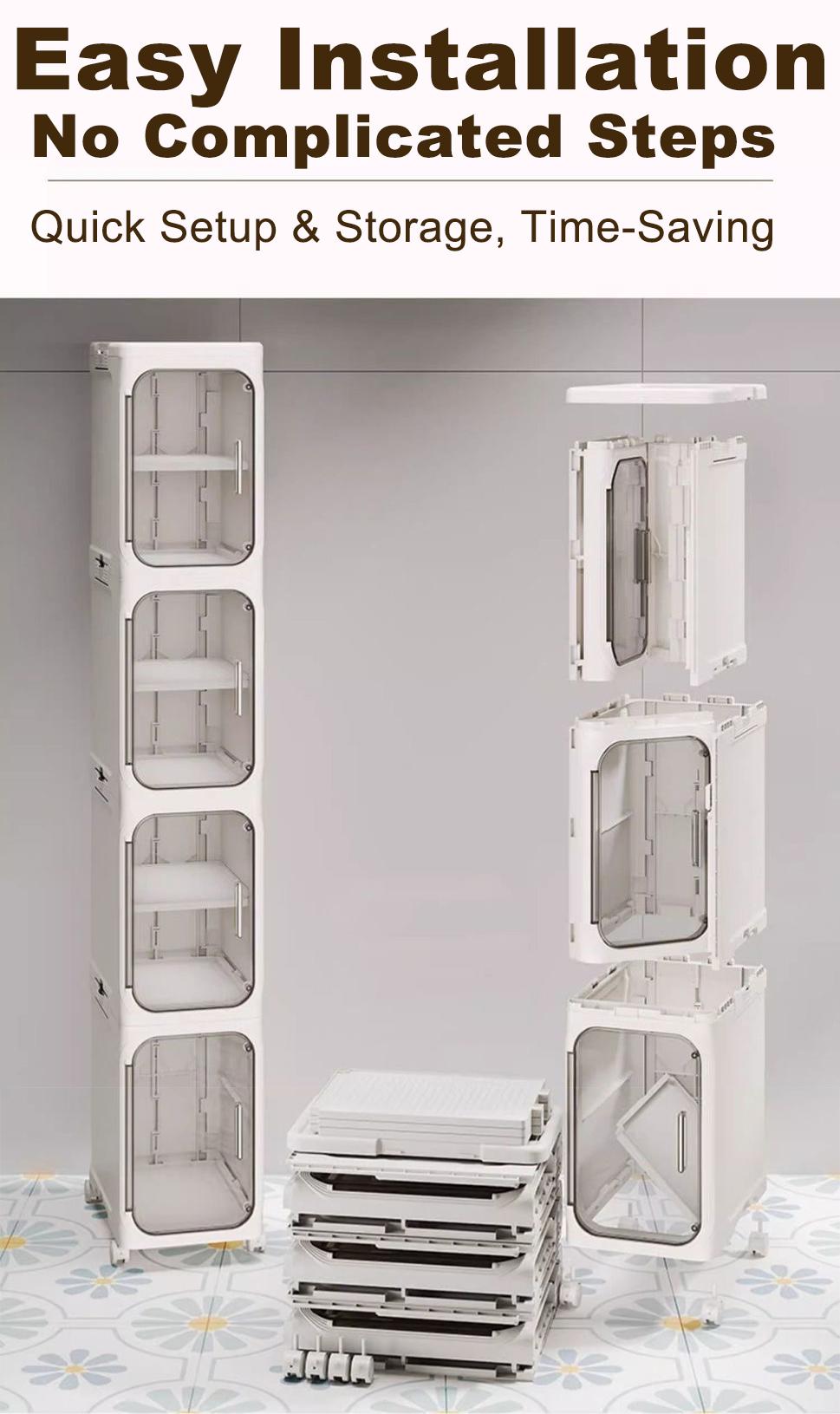 Slimline Storage Box Clear View Door Magnetic Latch Collapsible No Installation Mobile Wheels Space Saver Organizer
