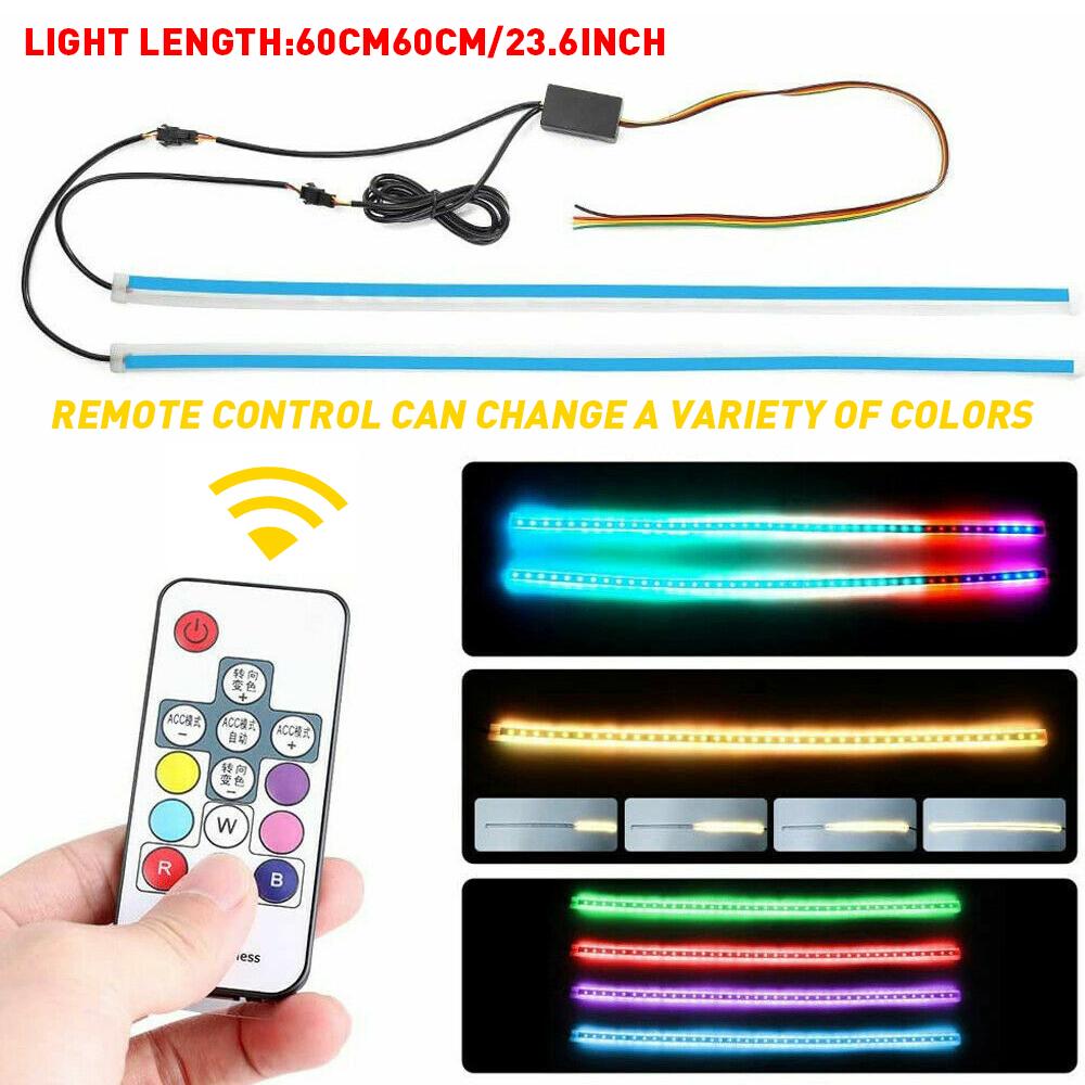 2pcs RGB 60CM LED DRL Light Car Headlight Strip Light Turn Signal Remote Control