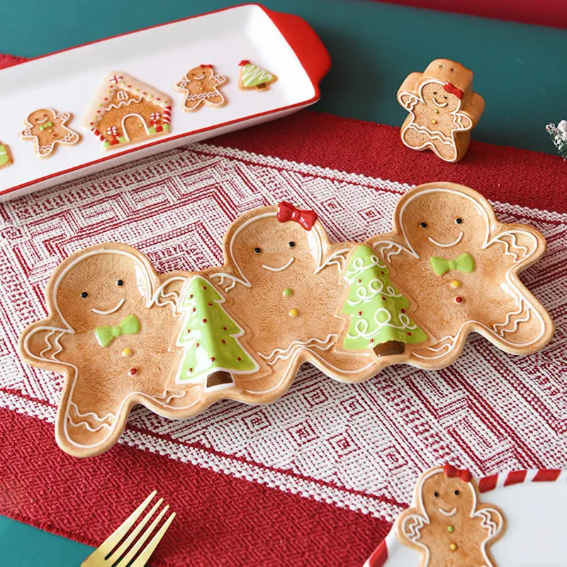 Christmas Gingerbread Man Ceramic Serving Platter, 3 Section Snack Tray, Holiday Dessert Plate for Cookies, Candy & Party Table Decor, Ceramic Plates