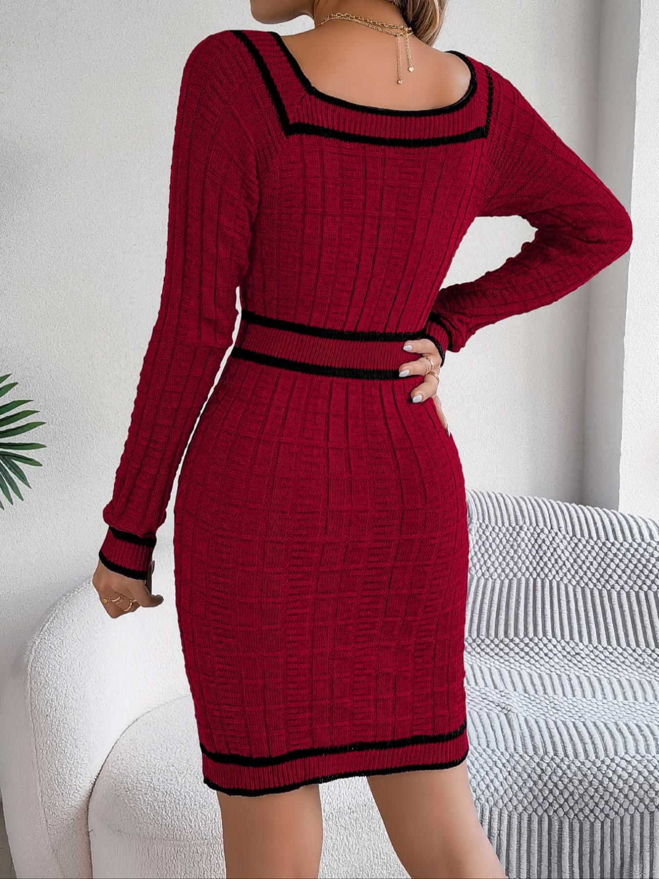 Women's Striped Print Button Decor Raglan Sleeve Sweater Dress, Casual Long Sleeve Square Neck Bodycon Knit Dress for Spring & Fall, Women's Knitwear for Daily Wear, Casual Dresses