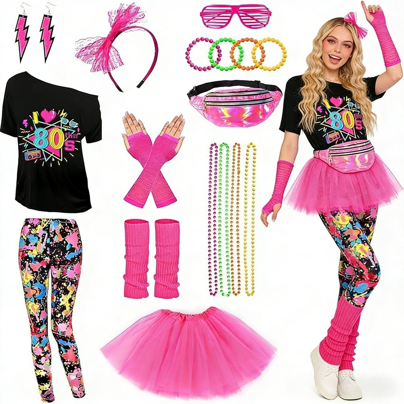 80s Drop Shoulder T-Shirt Tutu Skirt Leopard Skinny Pants Costume Set With Waist Bag Headband Necklace Bracelet Earrings Foot Covers For Bar Music Party Stage Performance