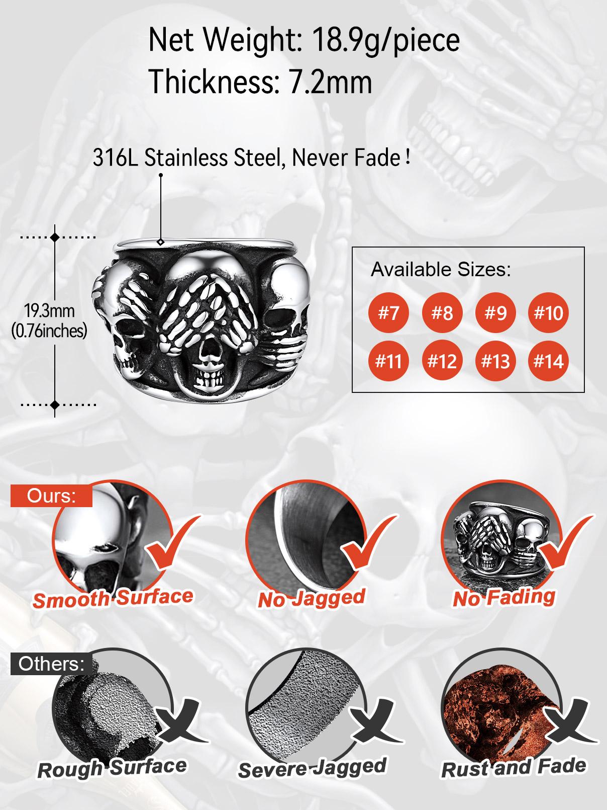 FaithHeart See No, Hear No, Speak No Skulls Band Ring Stainless Steel